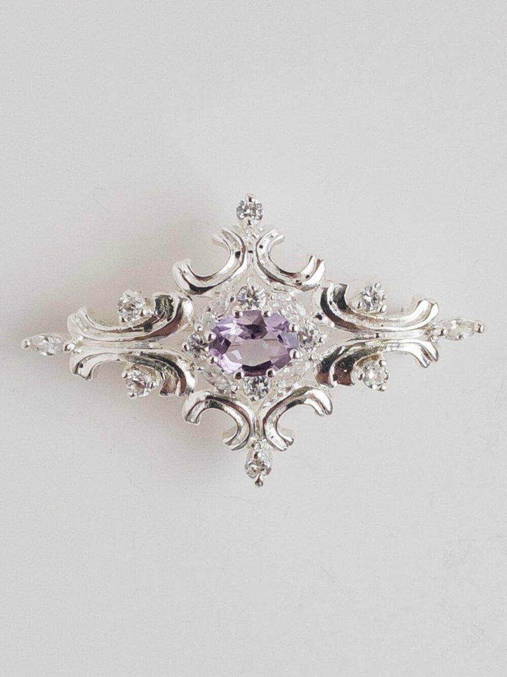 Vintage JC 925 Sterling Silver Amethyst Scroll Brooch Pin CZ Ornate